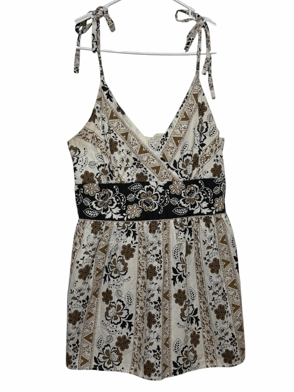 Jonathan Martin Floral Strappy Smocked V-Neck Top Sz S Cream Brown Boho Casual